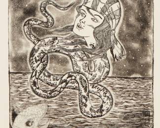 62
Jerónimo López Ramírez (aka Dr. Larka)
b. 1972, Mexican
"Mujer Culebra"
Etching on wove paper
Edition: P/T
Signed and inscribed "P/T" in pencil in the lower margin: Dr. Lakra; titled by repute
Plate: 9.75" H x 9" W; Sheet: 17" H x 15" W
Estimate: $300 - $500