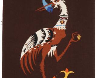 15
After Leonora Carrington
1917-2011, British-Mexican
Bird with Fish, 1979
Wool Tapestry
With woven signature, date, and manufacturer's mark at lower right: Leonora Carrington / TX
Manufactured by Tapices de Xonacatlan
74" H x 51" W
Estimate: $1,500 - $2,500