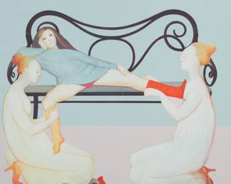163
Leonor Fini
1907-1996, Argentine-Italian
"Fillette et Deux Femmes"
Offset lithograph in colors on paper
Edition: 3/275
Signed and numbered in pencil in the lower corners of the image: Leonor Fini; titled by repute; with an unidentified blindstamp of a cat's face in the lower left corner of the image
Sight: 27" H x 27" W
Estimate: $300 - $500