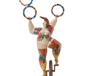 261
2007
A Contemporary figural sculpture
Signed and dated verso: OG / 07
Possibly by Omar Garcia, in the manner of Niki de Saint Phalle (1930-2002), the polychrome metal figure depicted on a unicycle and juggling four rings
69.5" H x 30" W x 16" D
Estimate: $1,200 - $1,800