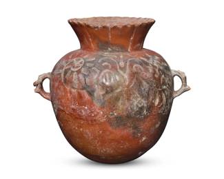 234
Early 20th century; Chinautla
A Guatemalan pottery olla
The large ceramic vessel with a flared neck and piecrust rim above opposed figural lug handles and the body with deeply incised floral medallions
21.5" H x 24" W x 18.5" D
Estimate: $200 - $400