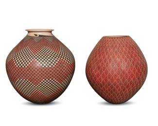 54
Two Mata Ortiz pottery jars
Late 20th/early 21st century; Chihuahua, Mexico
Two works:
Humberto Ponce (b. 20th century)
A large polychrome jar
Incised to underside: Humberto Ponce
The three-color jar with red and black fine-line checkered motifs on a white slip ground
12" H x 10.75" Dia.
Leonel Lopez Saenz (b. 20th century)
A sgraffito jar
Incised to underside: Leonel Lopez Saenz
The jar with incised feather pattern motif
10.75" H x 9.375" Dia.
2 pieces
Estimate: $400 - $600