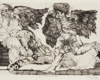 68
Javier Arévalo
1937-2020, Mexican
"La Annunciacion," 1962
Etching on wove paper
Edition: 8/25
Signed, titled, dated, numbered, and inscribed "Mex," all in pencil in the lower margin: Arévalo
Plate: 12.625" H x 19.5" W; Sight: 14.125" H x 20.875" W
Estimate: $300 - $500