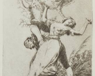 2
Francisco Goya
1746-1828, Spanish
"No hay quien nos desate," plate 75 from "Los Caprichos," circa 1799
Etching and aquatint in gray/brownish-black ink on sturdy off-white wove paper without watermark
Presumably from one of the later editions (at least 12 separate editions were printed between 1799 and 1937)
Unsigned as usual; with the title and plate number etching in the plate outside the image
Image: 7.625" H x 5.625" W ; Plate: 8.625" H x 6" W; Sheet: 10.75" H x 8" W
Estimate: $300 - $500