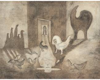 11
Leonora Carrington
1917-2011, British-Mexican
"Domingo," 1978
Lithograph in colors on paper
Edition: 49/50
Signed and numbered in pencil in the lower left corner of the image: Leonora Carrington; Kyron Ediciones Gráficas Limitadas, Mexico City, prntr./pub., and with their blindstamp in the lower right corner of the image; with an ink stamp at the verso of the lower left sheet corner: LC-145-50
Image/Sheet: 23.5" H x 31.375" W
Estimate: $1,000 - $1,500