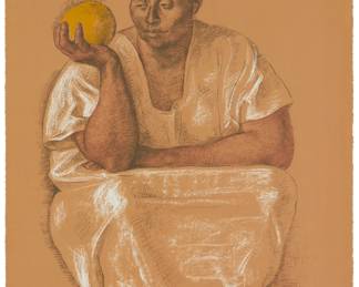 197
Francisco Zúñiga
1912-1998, Mexican
"Mujer con Naranja," 1974
Lithograph in colors on wove paper
Edition: 129/300 (there were also 20 artist's proofs)
Signed, dated, and numbered "129-300" in pencil in the lower corners of the sheet: Zúñiga 1974; Kyron, S.A., Mexico, prntr./pub., and with their blindstamp in the lower right corner
Image/Sheet: 26.875" H x 19.125" W
Estimate: $200 - $400