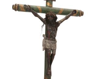 236
19th century
A Latin American Cristo figure
The Spanish Colonial painted carved wood crucifix mounted with hair and fabric to figure's head
27.5" H x 20.25" W x 6.5" D
Estimate: $500 - $700