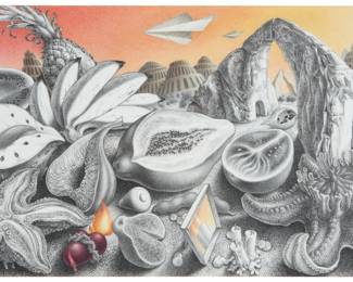 61
Ramón Alejandro
b. 1943, Cuban
"Las Puertas de la Perceptión," 2004
Pencil and colored pencil on paper
Signed in pencil along the lower edge, right of center: Alejandro; signed again, titled, dated, and inscribed "Miami," all in red ink, verso: 2004
Sheet: 18" H x 34" W
Estimate: $400 - $600