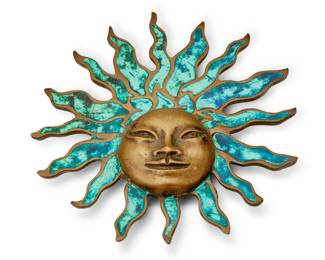 207
Mid-20th century
A Pepe Mendoza sun door handle
Marked verso: Mendoza / [illegible]
The bronze sun-form handle with anthropomorphic face and turquoise ceramic inlay
9" Dia. x 1.75" D
Estimate: $400 - $600