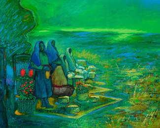 109
Jorge Ochoa
b. 1950, Mexican
"La Espera," 1996
Acrylic on linen
Signed and dated near the lower edge, right of center: J. Ochoa / 96; signed and dated again, and titled, all verso
30" H x 40" W
Estimate: $700 - $900