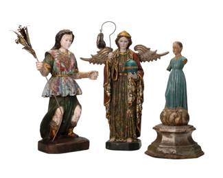 238
Early 20th century
Three Latin American santos bultos figures
The polychrome carved wood religious figures, comprising one possibly depicting Archangel Michael with metal wings, holding an orb and a metal staff with a sterling silver pendant, and two other figures, one depicted holding a sheet copper staff with floriform accents to upper terminus
3 pieces
Archangel: 17.25" H x 12.5" W x 4.125" D; Smallest: 14.625" H x 7" W x 7" D
Estimate: $400 - $600