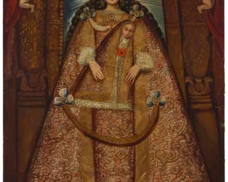 229
19th Century Cuzco School
Virgin of Bethlehem
Oil on canvas laid to waxed canvas
Appears unsigned
61" H x 44.75" W
Estimate: $3,000 - $5,000