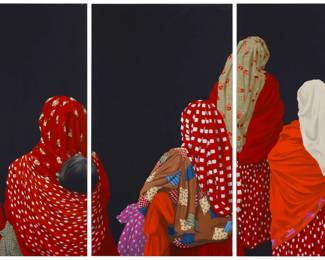 259
Mary Wyant
b. 1939
"Tarahumara Market" (triptych)
Oil on canvas
Signed in the lower left corner of the leftmost section: Wyant; signed again, titled, and inscribed on the upper overlap of each section: Mary E Wyant © / Tarahumara Market / #981006 / 1 of 3, and with indications for display: Left Panel, Middle Panel, and Right Panel
Each: 54" H x 30" W; Overall: 54" H x 90" W
Estimate: $2,000 - $3,000