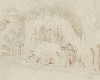 13
Leonora Carrington
1917-2011, British-Mexican
Sketch for "Mundo Mágico de los Mayas," 1963/1965
Pen, ink, and graphite on paper
Signed and dated in pencil lower right: Leonora Carrington 1965
Sight: 11.75" H x 17.5" W
Estimate: $600 - $800