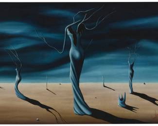 142
Jorge Noceda Sanchez
1931-1987, Dominican
Surrealist landscape, 1964
Oil on canvas
Signed, dated, and with the artist's device lower right: Jorge N. Sanchez / 64-7-28; signed, dated, and with the artist's device again, and inscribed "4964 / New York / No. 17," all in red ink, verso
14" H x 24" W
Estimate: $5,000 - $7,000