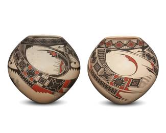 281
Noe Quezada (b. 20th century)
Two Mata Ortiz polychrome pottery jars, late 20th/early 21st century; Chihuahua, Mexico
Each incised to underside: Noe Quezada
The three-color jars, each with red and black fine-line geometric motifs on a white slip ground
2 pieces
Larger: 8.5" H x 9.25" Dia.; Smaller: 8.25" H x 9" Dia.
Estimate: $600 - $800