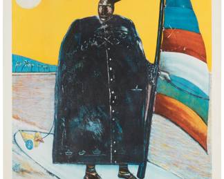 59
Alejandro Colunga
b. 1949, Mexican
"El Mago"
Lithograph in colors on wove paper
Edition: 35/120
Signed, dated, numbered, and inscribed "Barcelona," all in pencil in the lower margin: A. Colunga 1986; with two unidentified blindstamps in the lower margin corners
Image: 36" H x 26.5" W; Sheet: 39.5" H x 29" W
Estimate: $600 - $800