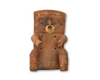 151
Circa 800 CE; Colombia
A Pre-Columbian Quimbaya pottery slab figure
The ceramic figure with perforated and incised accents, featuring a hand-wrought gold alloy nose piece with repoussé dotted border
11.875" H x 7" W x 4.25" D
Estimate: $500 - $700
