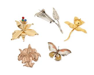 329
A group of Mexican silver and mixed metal brooches
Mid/late 20th century
Variously marked for maker, for Mexico, and for silver; further variously marked: [Design number] / [Eagle 12]
Five works comprising a Coro gold-plated mixed metal orchid brooch, together with three further Coro floral brooches in vermeil, sterling silver, and rose gold-plated mixed metal, together with a Victoria/Ana Maria Nunez de Brilanti for Cony mixed metal copper and sterling silver butterfly brooch (Number 214), 5 pieces
Largest: 4" H x 2.5" W; Smallest: 1.75" H x 2.75" W
100.0 grams gross
Estimate: $200 - $400