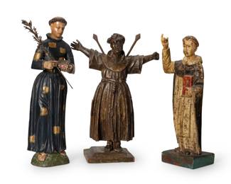 241
Early/mid-20th century
Three Latin American santos bultos figures
The polychrome carved wood religious figures, comprising one figure depicted with arrows in his back and arms outstretched, and two figures depicted holding books, one also holding a metal floral branch
3 pieces
Tallest without branch: 19.5" H x 6" W x 5.5" D; Shortest: 17.25" H x 6.5" W x 4.5" D
Estimate: $400 - $600