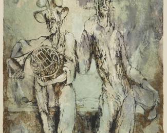 99
Luis Granda
b. 1941, Spanish
Two musicians, 1979
Lithograph in colors on paper
Edition: 18/50
Signed, dated, and numbered in pencil in the lower margin: Luis Granda '79
Image: 22" H x 15" W; Sight: 23.5" H x 16" W
Estimate: $300 - $500