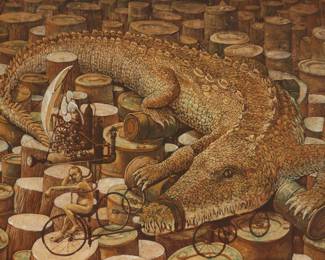128
Victor Huerta Batista
b. 1972, Cuban
Crocodile, 2006
Acrylic on canvas
Signed and dated lower right: V. Huerta / 06
27.5" H x 39" W
Estimate: $400 - $600