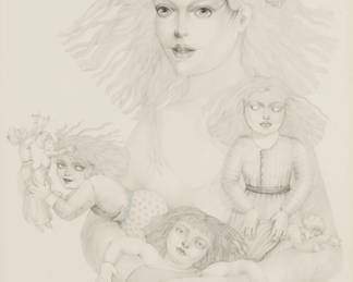 43
Lucía Maya
b. 1953, Mexican
"Madona [sic]," 1983
Pencil on paper
Signed and dated in pencil lower right: Lucia Maya 83; signed again and titled on the frame's backing board
Sight: 24.75" H x 17.5" W
Estimate: $600 - $800