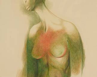 82
Guillermo Meza Álvarez
1917-1997, Mexican
"Estudio Alejandra (Study of Alejandra)," 1962
Colored pencil on paper
Signed and with the artist's device, titled, and dated, all lower right: Guillermo Meza A. / 1962
Image: 31.5" H x 18.5" W; Sight: 35.5" H x 25.5" W
Estimate: $800 - $1,200