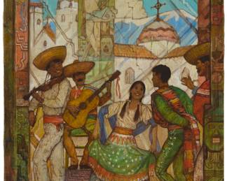 171
Hernando Gonzallo Villa
1881-1952
"Feliz Año Nuevo"
Oil on canvas
Signed lower left: Hernando [faintly] G. Villa; titled across the banner at the upper edge of the image
39.75" H x 30" W
Estimate: $5,000 - $7,000
