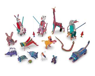 319
Late 20th/early 21st century; Oaxaca, Mexico
A large group of Mexican alebrijes figures
Most variously signed by the artist
The vibrantly painted folk art figures carved from copal wood, comprising three figures seated in chairs with fishing rods, and various other animals and insects
15 pieces
Tallest: 12.125" H x 6.5" W x 2.75" D; Smallest: 1" H x 1.875" W x 1.5" D
Estimate: $200 - $400