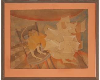 75
Mario Martín del Campo
b. 1945, Mexican
Surrealist bat, 1986
Mixed media including watercolor, graphite, and incised lines on tan paper mounted to an orange support board
Signed and dated in pencil lower right: Mario Martin C 86
Image/Sheet: 23.5" H x 31.25" W
Estimate: $1,000 - $1,500
