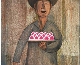 212
Gustavo Montoya
1905-2003, Mexican
"El Merenguero," 1984
Lithograph in colors on BFK Rives paper
Edition: 43/100
Signed, dated, and numbered in pencil near the center of the right edge: Gustavo Montoya 84; Kyron, Mexico, pub., and with their blindstamp lower right; with an ink stamp "GM249-100" on the verso of the lower left corner
Image/Sheet: 30" H x 22" W
Estimate: $300 - $500
