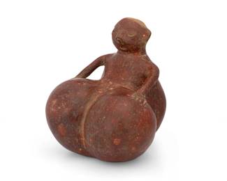 266
1st century CE; West Mexico
A Pre-Columbian Nayarit pottery figure
The terracotta figure with red mineral glaze, depicted with bulbous protrusions to torso and incised details to top of head
8.5" H x 7.25" W x 7.125" D
Estimate: $500 - $700