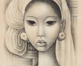 26
Miguel Covarrubias
1904-1957, Mexican
"Head of a Balinese Girl," circa 1930
Lithograph on paper
Edition: 12/30
Signed and numbered in pencil in the lower margin: Covarrubias
Image: 10.5" H x 8.5" W; Sight: 12" H x 9" W
Estimate: $1,000 - $1,500