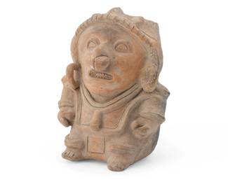 176
Circa 200 BCE; Ecuador
A Pre-Columbian Jama-Coaque pottery effigy vessel
The ceramic vessel depicting an animal-nosed large-headed dwarf figure donning a cuirass and headpiece, with incised facial features
9" H x 6.75" W x 6.5" D
Estimate: $400 - $600
