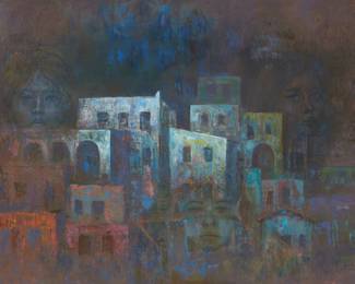 101
Gilberto Aceves Navarro
1931-2019, Mexican
Cityscape with faces, 1984
Oil on canvas
Signed and dated lower right: G. Navarro / 84
24" H x 36" W
Estimate: $800 - $1,200