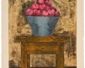 46
Rufino Tamayo
1899-1991, Mexican
"Frutero con Manzanas," 1981
Mixografia in colors on thick handmade paper
Edition: 44/100
Signed and numbered in pencil in the lower right and left corners of the image, respectively: R. Tamayo; Taller de Gráfica Mexicana, Mexico City, prntr./pub.
Plate: 34.5" H x 24.375" W; Sheet: 39.625" H x 29.5" W
Estimate: $5,000 - $7,000