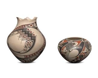 324
Two Mata Ortiz polychrome pottery jars
Late 20th/early 21st century; Chihuahua, Mexico
Two works:
Jorge Quintana (b. 20th century)
Incised to underside: Jorge Quintana R.
The three-color jar with red and black banded geometric motifs in a white slip ground
9.75" H x 8" Dia.
Damian E. Quezada (b. 20th century)
Incised to underside: Damian E Quezada
The three-color jar with red and black banded geometric and stepped motifs in a white slip ground
9.75" H x 8" Dia.
2 pieces
Estimate: $200 - $400