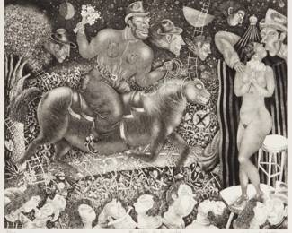 64
Maximino Javier
b. 1948, Mexican
"Al calor de la noche"
Etching and aquatint on wove paper
Edition: 16/100
Signed, titled, and numbered in pencil in the lower margin: Maximino Javier
Plate: 19.375" H x 23.625" W; Sight: 26.625" H x 30.875" W
Estimate: $300 - $500