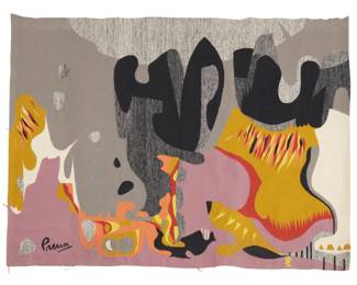 57
Pedro Pablo Preux
1932-2011, Mexican
"Y Volvio La Noche," August 1966
Wool and Cotton Tapestry
With woven signature and manufacturer's mark to face: Preux / BP [conjoined]; signed, titled, dated and inscribed on fabric label verso: Tejido Por Bertha Preux / en E.D.A. Mexico / Medidas: Altura 1.20 Longitud 1.54 / Agosto 1966 / Pedro Preux
3'9' H x 4'11' W
Estimate: $600 - $800