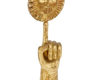 294
Pedro Friedeberg
b. 1936, Mexican
Mano Sol (Hand-Sun), circa 1970s
Gilded wood, articulated
Signed to the underside: Pedro Friedeberg
Dimensions variable: 8.75" H x 3" W x 1.375" D
Estimate: $600 - $800