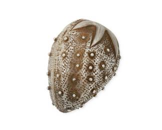 348
A Mexican silver "strawberry" box
Mid-20th century
Marked to inside lid: [indistinct maker] / Sterling / [Eagle 3]
A diminutive sterling silver strawberry-form container with twist-latch opening and inner compartment
1.75" H x 1.25" Dia.
29.6 grams
Estimate: $100 - $200