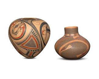 180
Two Mata Ortiz polychrome pottery jars
Late 20th/early 21st century; Chihuahua, Mexico
Two works:
Gerardo Tena (b. 1973)
Incised to underside: Gerardo Tena
The three-color jar with wide body and long neck, featuring red and black fine-line geometric and feather motifs on a terra cotta slip ground
10" H x 10.5" Dia.
Nicolas Quezada (b. 20th century)
Incised to underside: Nicolas Quezada
The three-color jar with red and black stepped and fine-line motifs on a terra cotta slip ground
12" H x 12.75" Dia.
2 pieces
Estimate: $500 - $700