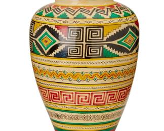 226
Mid/late 20th century
A Mexican Talavera pottery vase
Unmarked
The polychrome vase with vibrant banded meandering and geometric motifs in black, red, yellow, and green
14.75" H x 10.625" Dia.
Estimate: $300 - $500