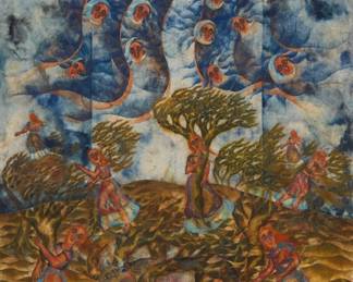 145
Eddie Martinez
active 21st century
"Cancion"
Watercolor on handmade paper
Signed lower right; titled on the gallery invoice
Sight: 66" H x 35.5" W
Estimate: $700 - $900