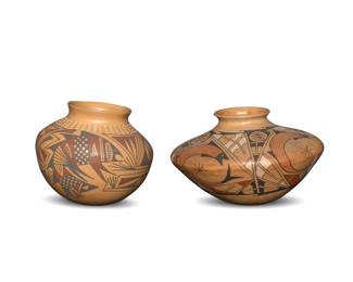 361
Two Mata Ortiz pottery vessels
Late 20th/early 21st century; Chihuahua, Mexico
Two works:
Amalia Mora (b. 20th century)
A polychrome pottery olla jar
Incised to underside: Amalia Mora
The three-color jar with red and black fish figure motifs over a tan slip glaze, featuring banded indentations to shoulder
7.25" H x 8.75" Dia.
A polychrome low jar
Unmarked
The three-color jar with red and black fish figures and geometric motifs over a tan slip glaze
6.25" H x 10.625" Dia.
2 pieces
Estimate: $300 - $500