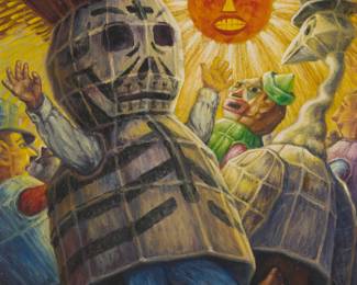 106
Desiderio Hernández Xochitiotzin
1922-2007, Mexican
"La Muerte," 1952
Oil on Masonite
Signed and dated lower right: D.H. Xochitiotzin / 1952; signed and dated again, titled, and inscribed "Matachines / Puebla, PUE," all verso
31.75" H x 23.75" W
Estimate: $2,000 - $3,000