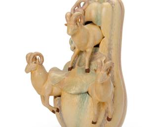 274
Sergio Bustamante
b. 1949, Mexican
Three rams and a gourd
Painted ceramic
Signed to right side: Sergio Bustamante
14.5" H x 9" W x 9.5" D
Estimate: $300 - $500