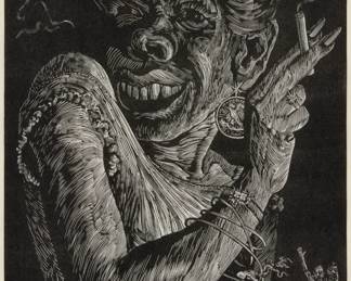 72
Carlos Raquel Rivera
1923-1999, Puerto Rican
"Doña Fulana," 1955
Linocut on paper
From the edition of unknown size
Signed, titled, and inscribed in pencil in the lower margin: Rivera / "linóleo"
Image: 15" H x 10.75" W; Sight: 15.75" H x 11.25" W
Estimate: $300 - $500