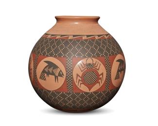 22
Armando Silveira (b. 20th century)
A Mata Ortiz polychrome pottery jar, late 20th/early 21st century; Chihuahua, Mexico
Incised to underside: Armando Silveira
The large globular three-color jar with red and black depictions of various insects and fish in medallions within a geometric checkered ground, the shoulder with incised textural accents
13.5" H x 13.5" Dia.
Estimate: $200 - $400
